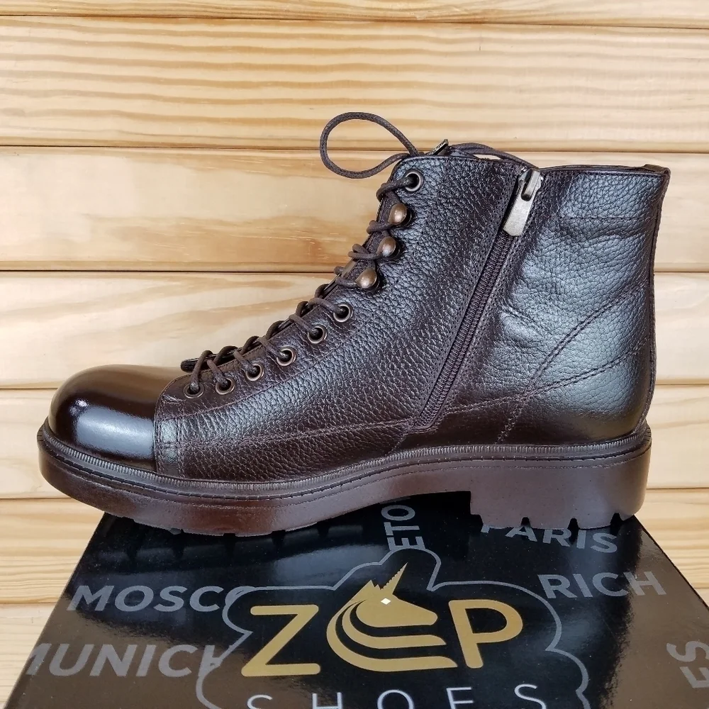 Men's 100% Genuine Leather Brown Ankle Boots by Paul Branco Side Zip Lace-up 11M